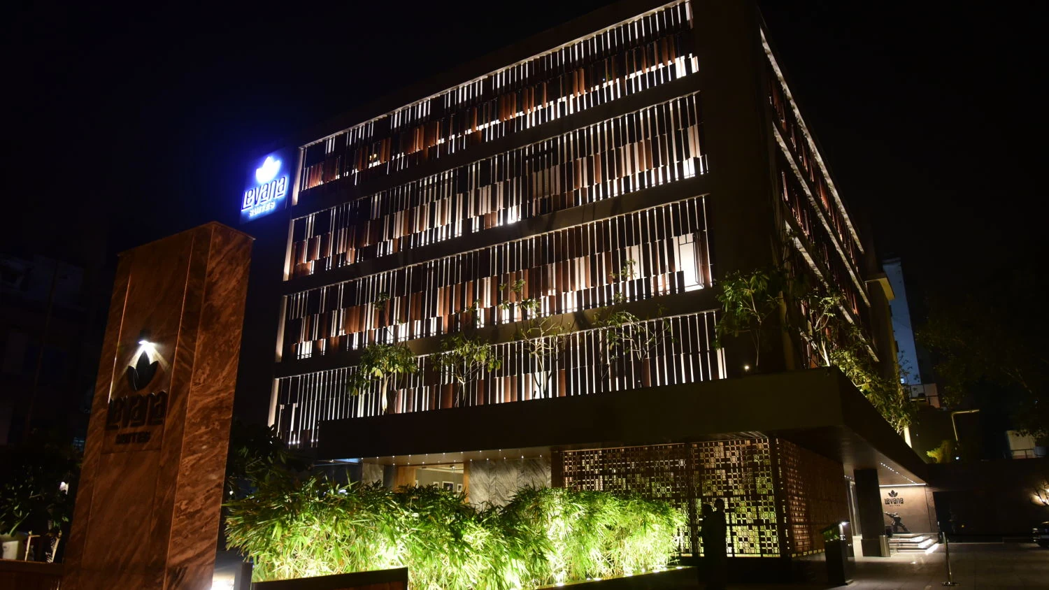 Levana Suites hotel facade at night in Lucknow