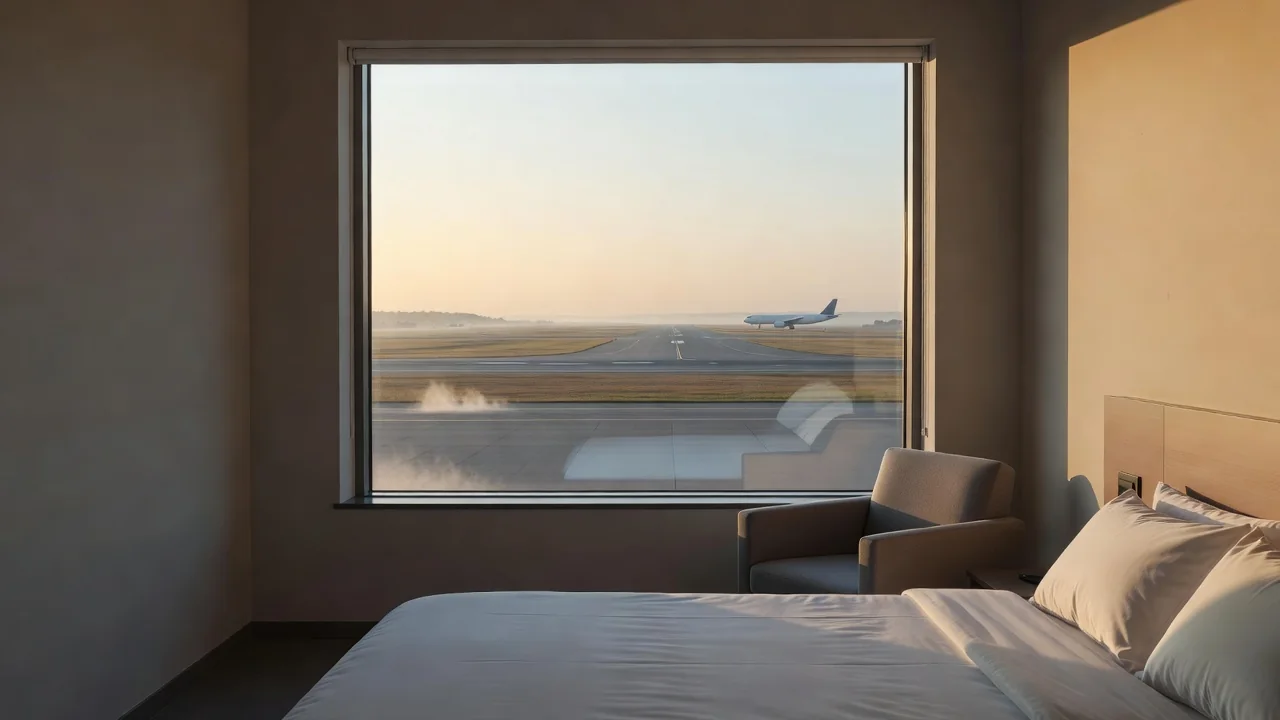 Quiet airport hotel corridor at dawn with soft lighting and closed doors