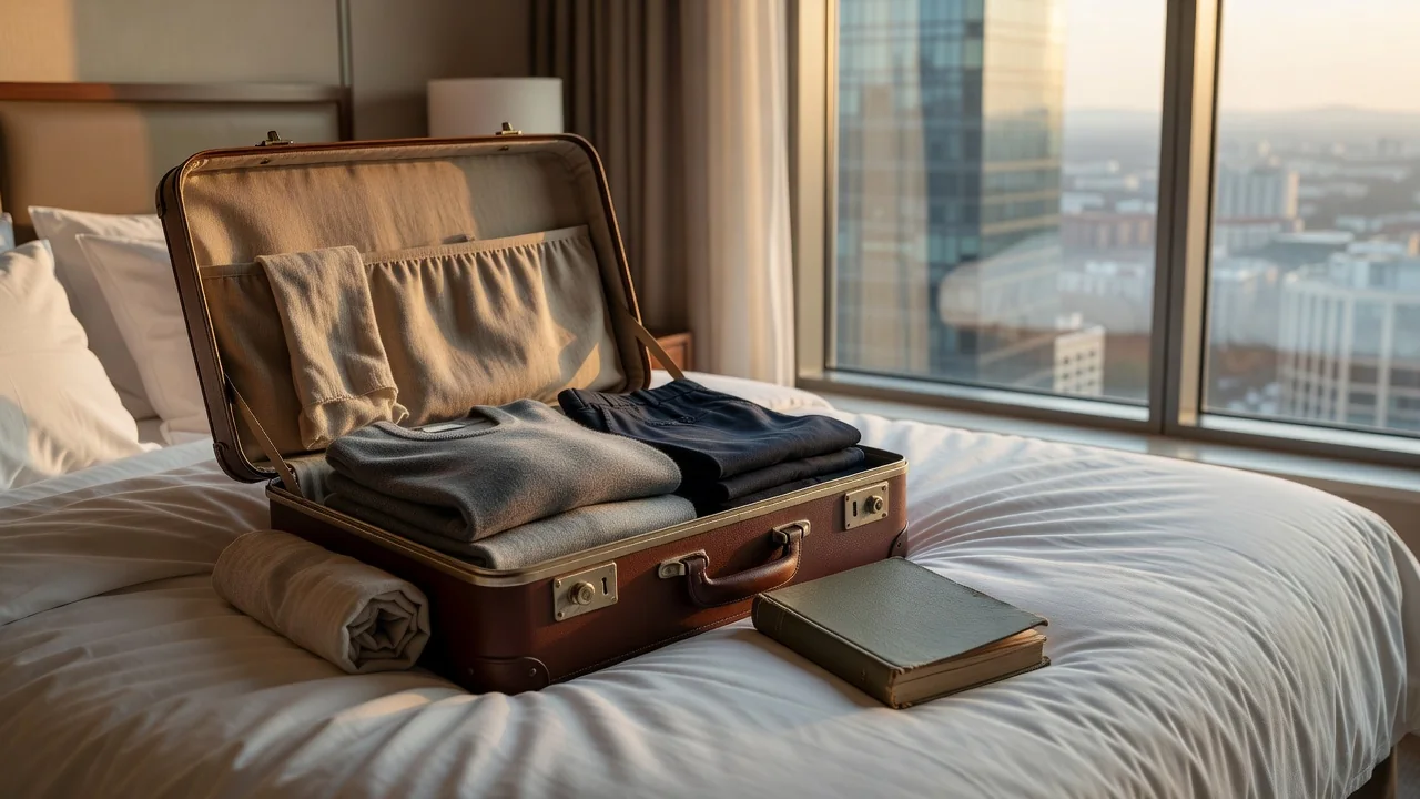 Professional traveler relaxing on a hotel balcony overlooking a city skyline at dusk