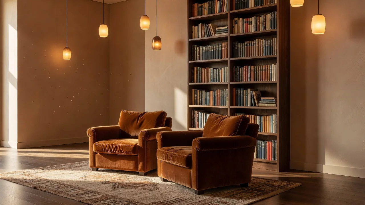 Cozy boutique hotel lobby with warm lighting next to sleek modern chain hotel entrance