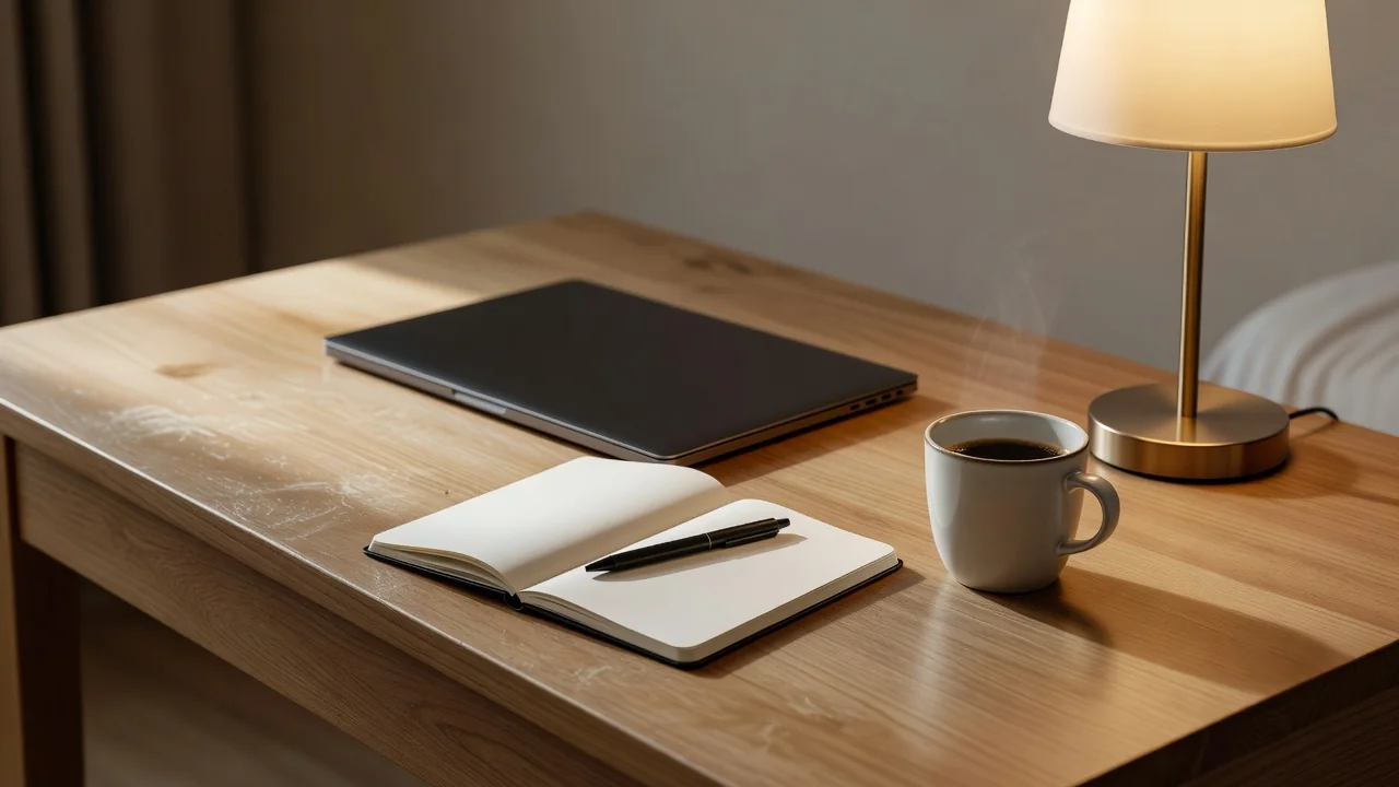 Business traveler reviewing hotel room checklist on laptop at a wooden desk with city view