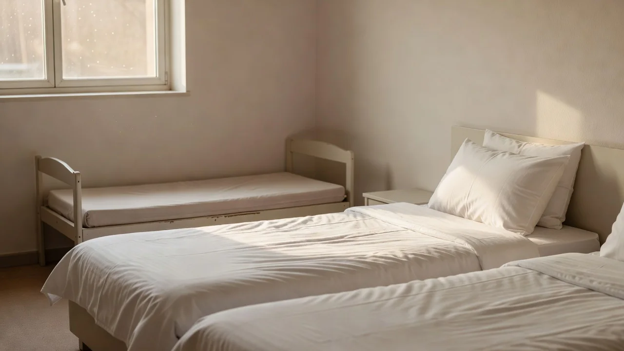 Cozy family hotel room setup with sofa bed, cot, and connecting door