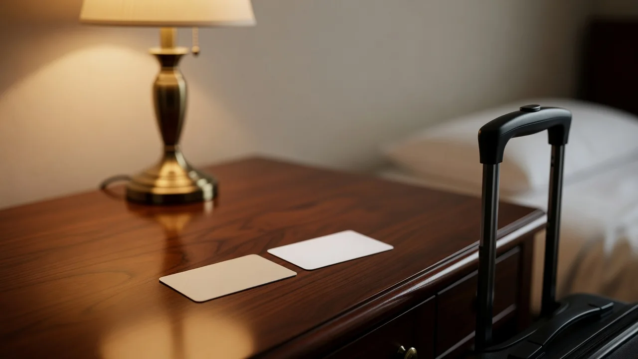Open suitcase beside a hotel room door with checklist notepad and passport on a wooden table