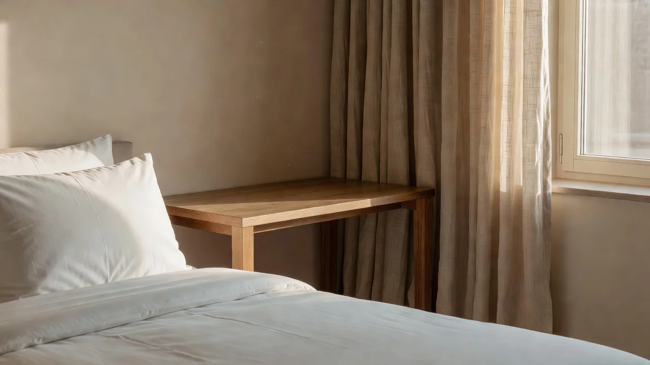 Close-up of a hotel room photo revealing wide-angle distortion, missing bathroom view, and subtle signs of wear in corners