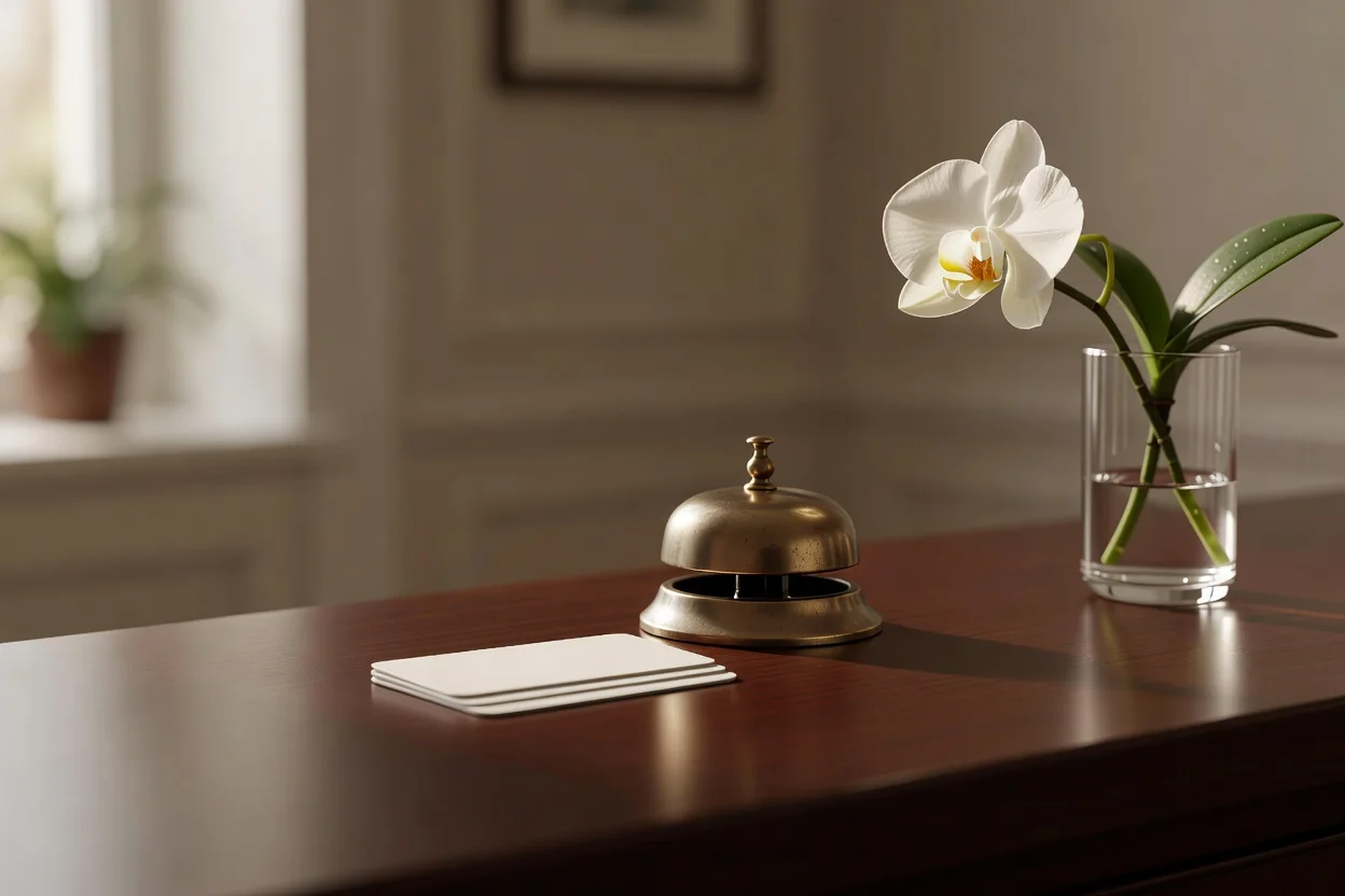 A smiling hotel guest chatting with a friendly front desk agent in a bright lobby